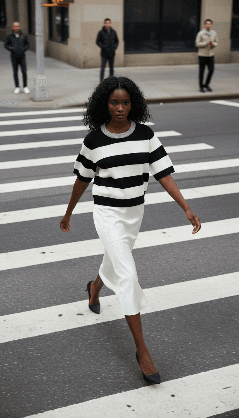 Striped Sweater + Cream Skirt