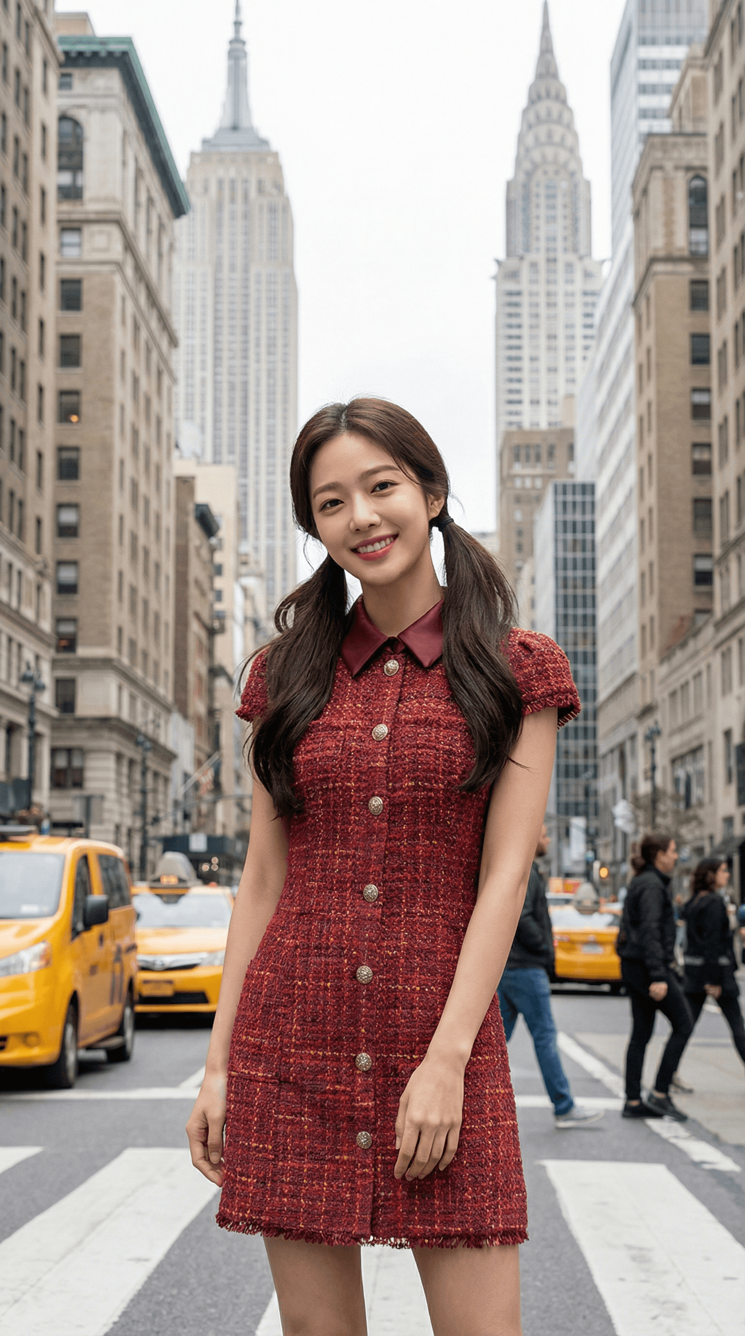 Model in red dress in NYC